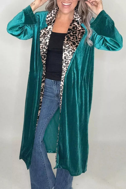 Velvet Contrast Leopard Print Lapel Collar Open Front Cardigan - Deep Teal - View 2