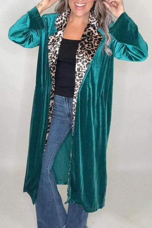 Velvet Contrast Leopard Print Lapel Collar Open Front Cardigan - Deep Teal - View 2