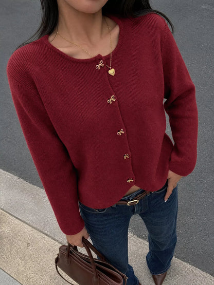 Bow Button Up Knit Cardigan - Burgundy - View 1
