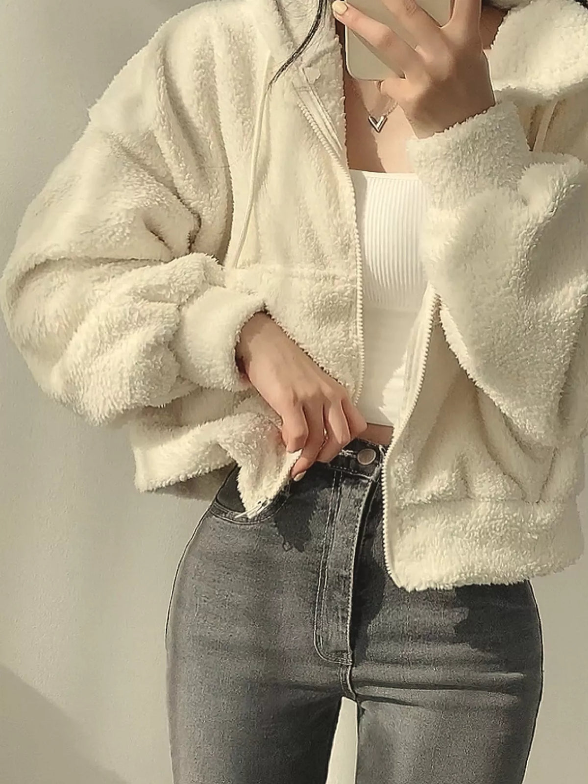 Oversized Sherpa Zip-Up Hoodie - Apricot - View 5