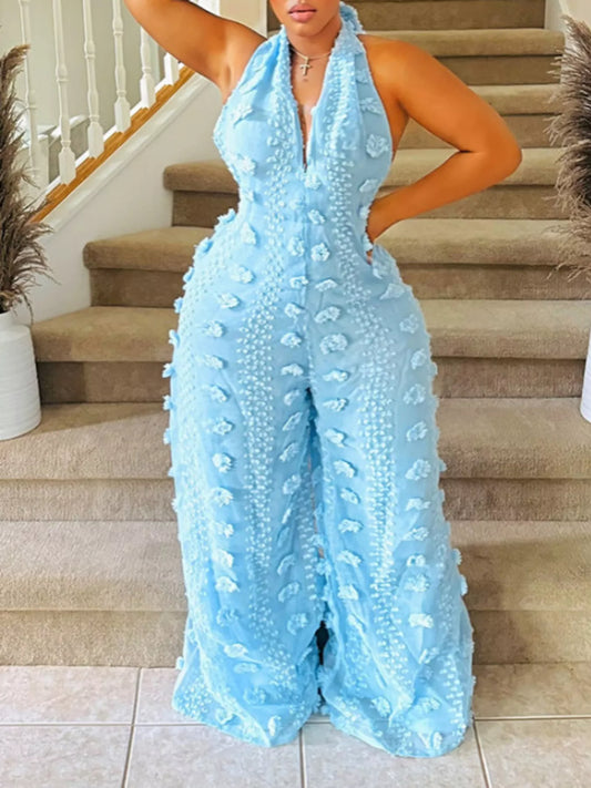 Textured Halter Wide-Leg Jumpsuit - Blue - View 1