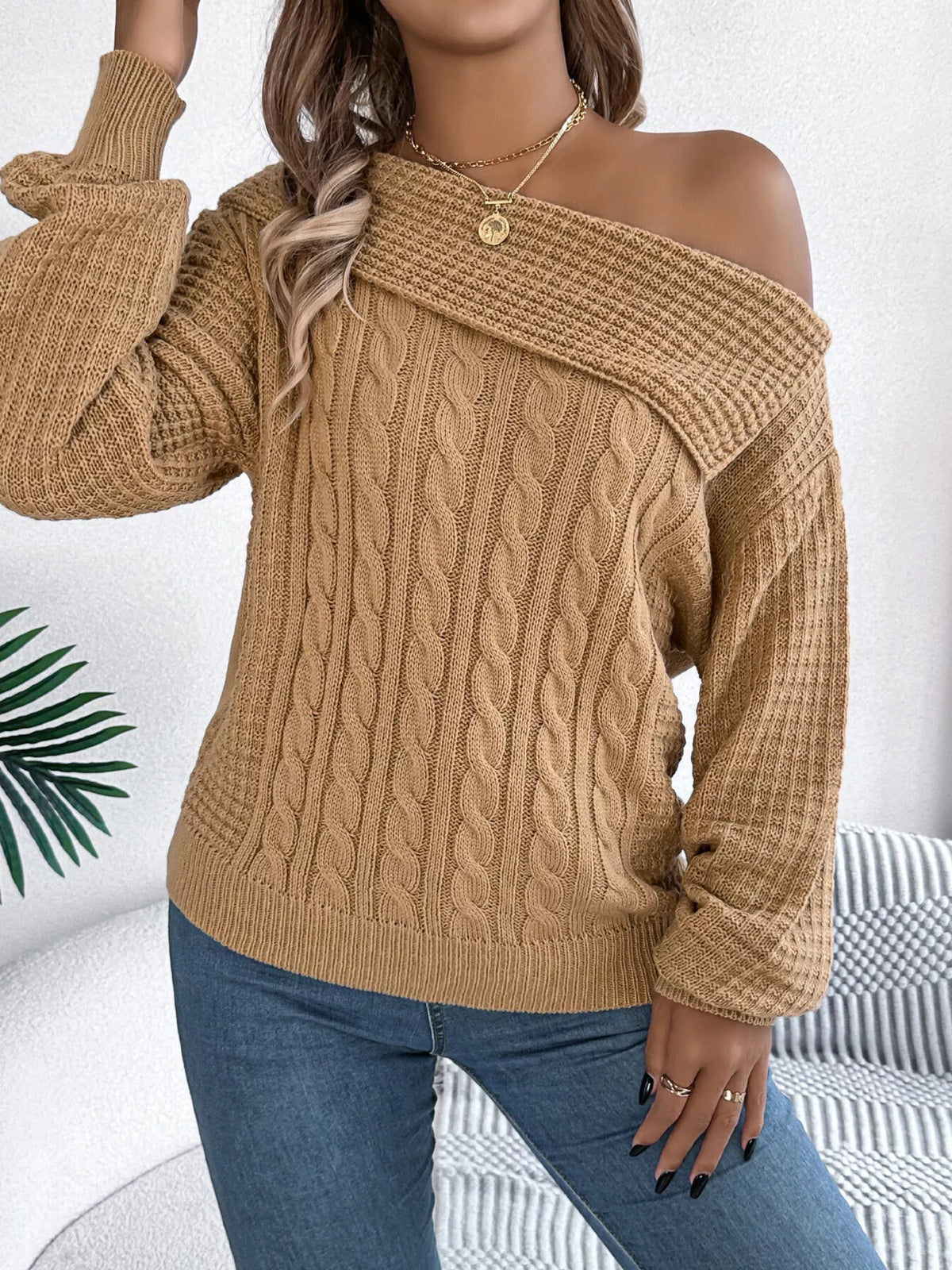 One Shoulder Cable Knit Sweater - Camel - View 1