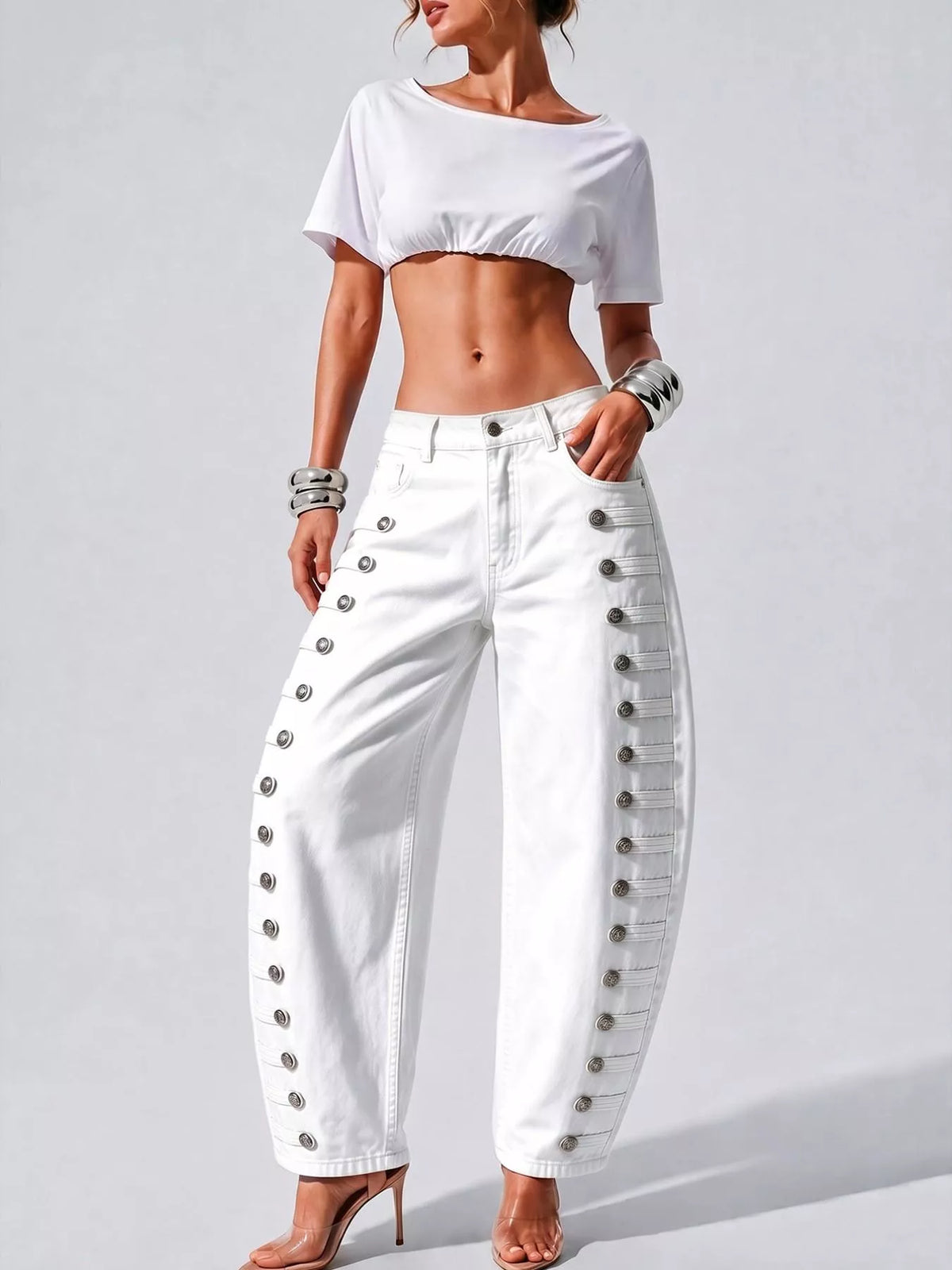 Decorative Button Wide Leg Jeans - White - View 15
