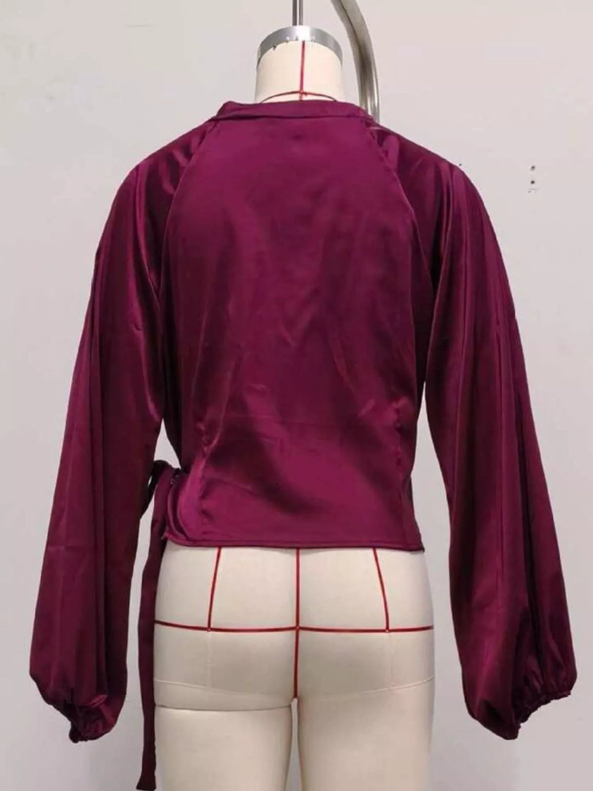 Satin Balloon Sleeve Blouse - Burgundy - View 13