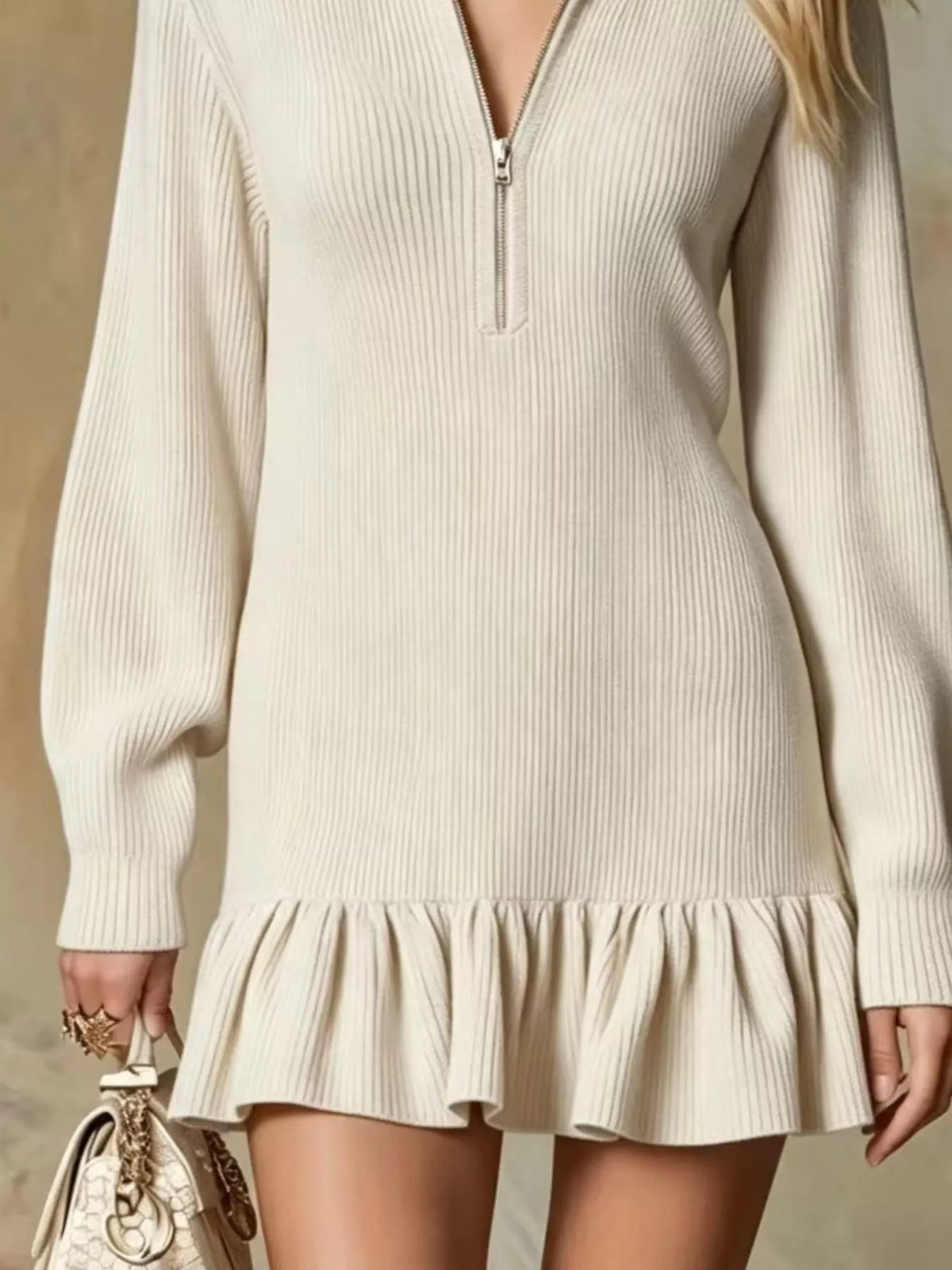 Ruffle Hem Half Zip Dress - Beige - View 3