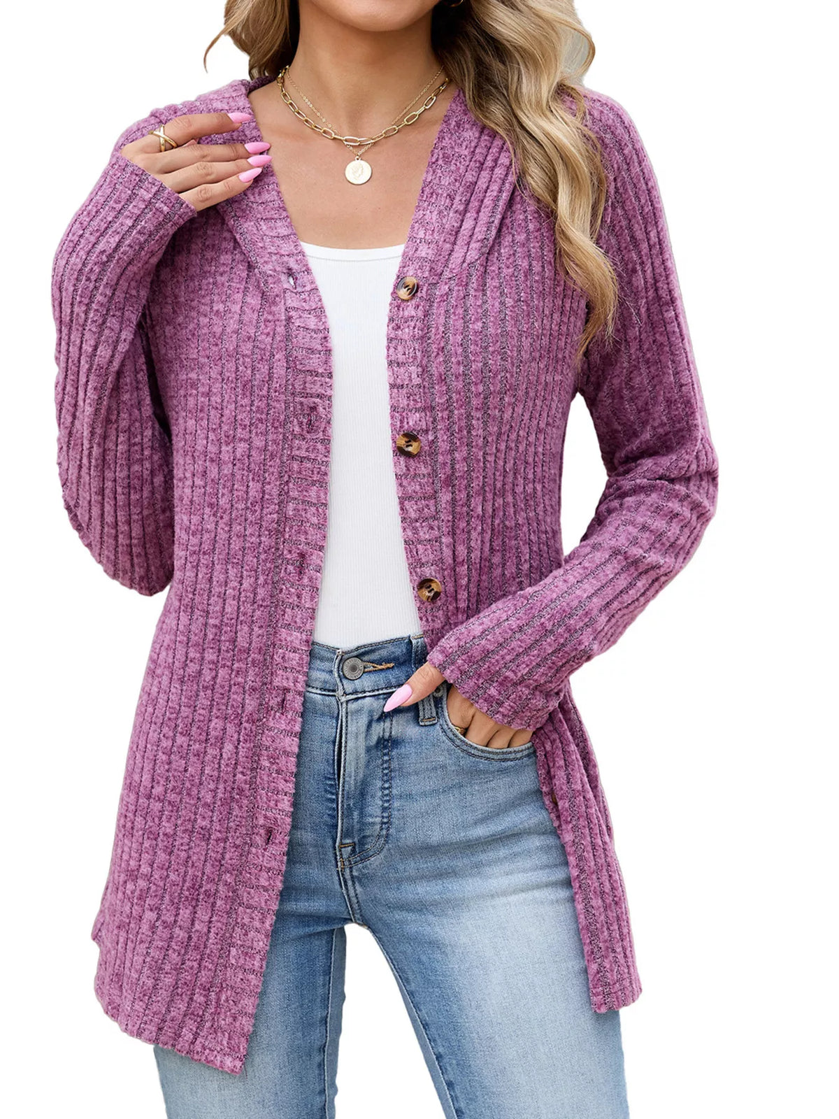 Ribbed Knit Hooded Button-Down Cardigan - Purple-red - View 1
