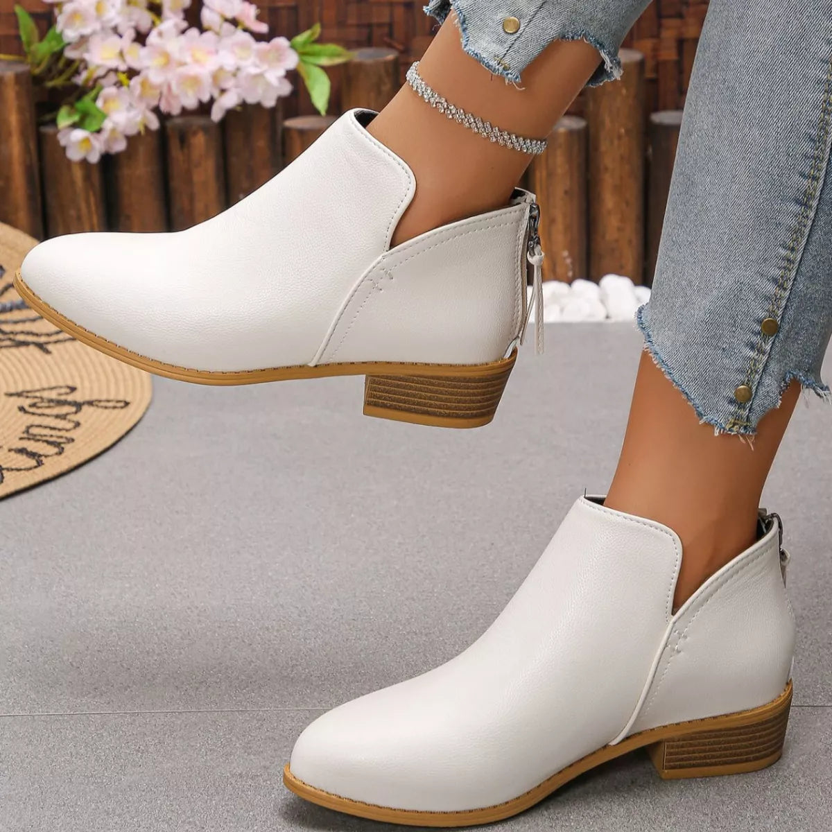 Point Toe Block Heels Boots - White - View 13