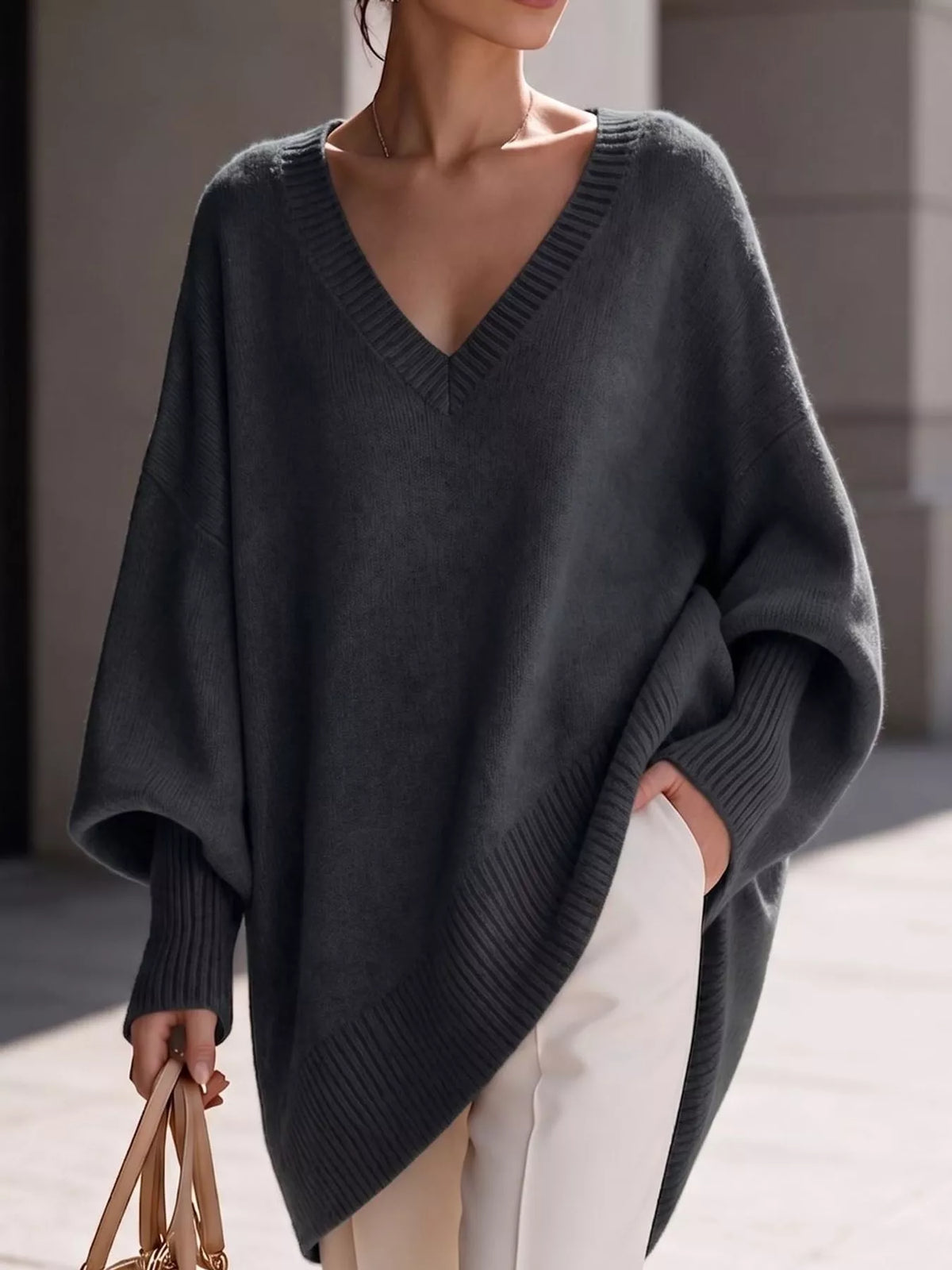 Full Size V-Neck Oversized Batwing Sleeve Sweater Plus Size - Dark Gray - View 25