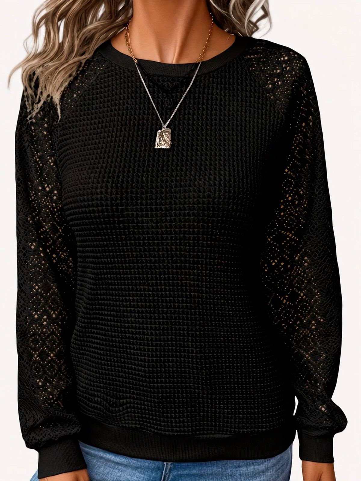 Waffle Knit Lace Sleeve T-Shirt - Black - View 4
