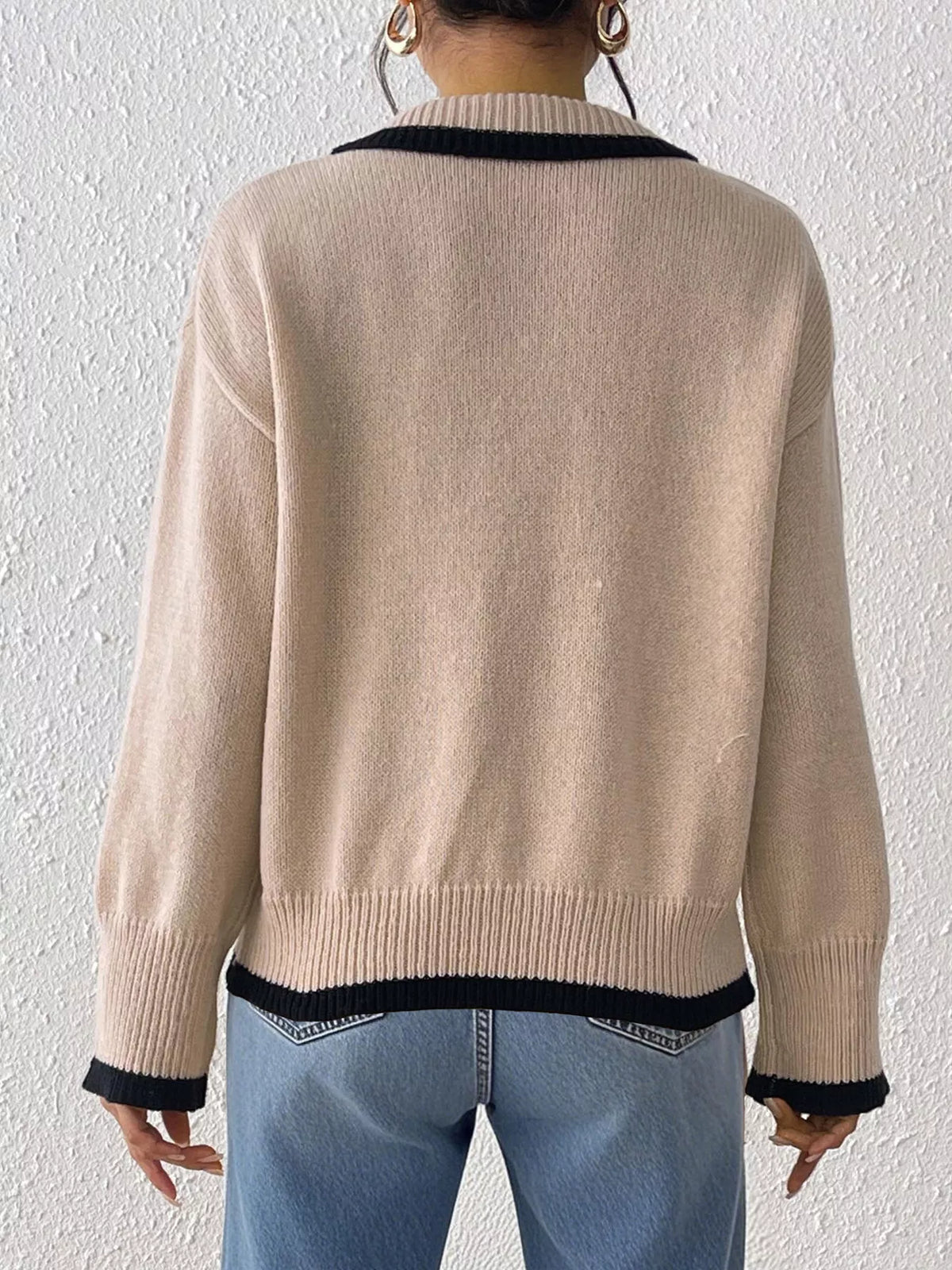 Contrast Trim Polo Collar Sweater - Khaki - View 6