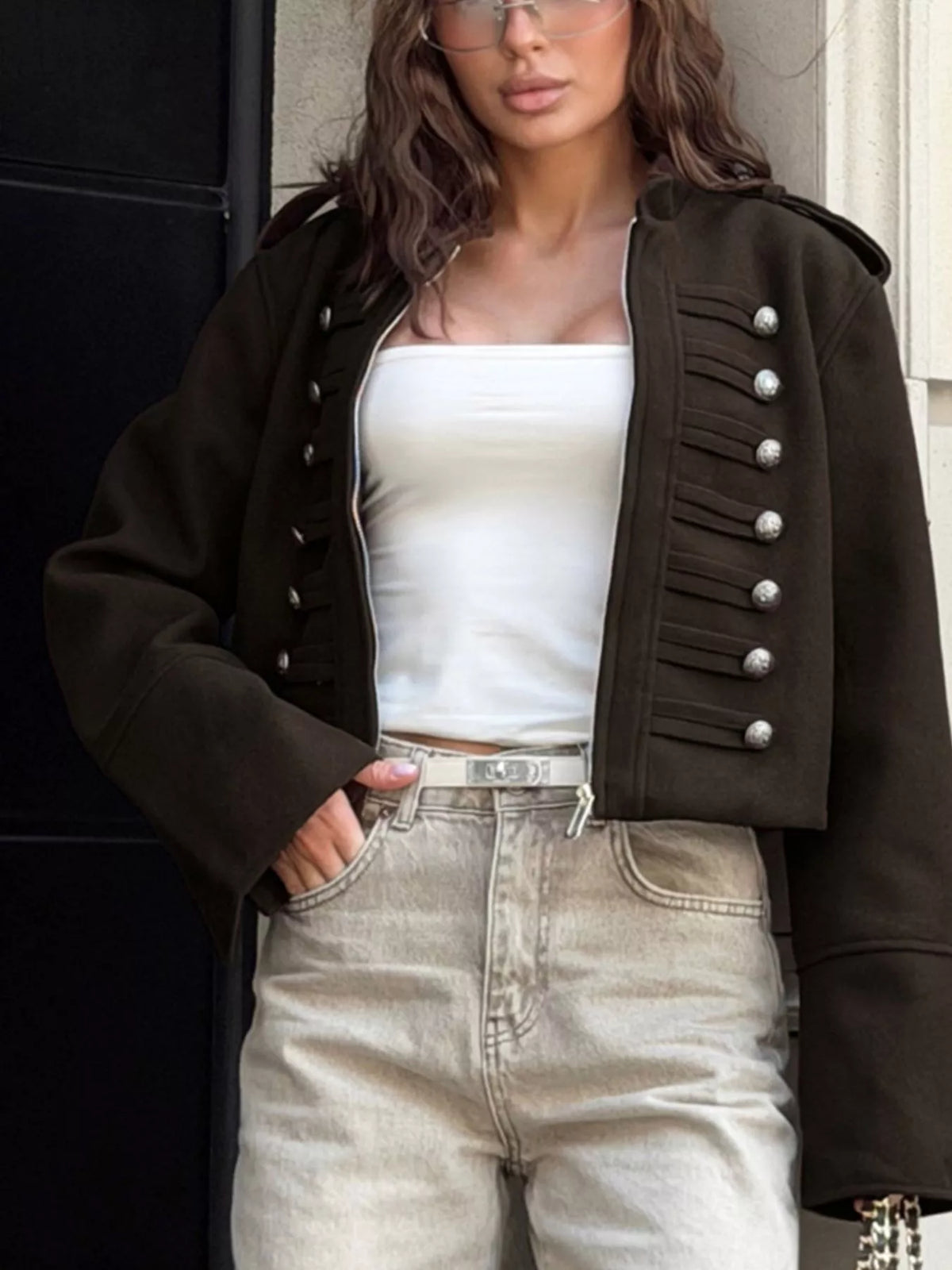 Zip Up Cropped Jacket - Coffee Brown - View 3