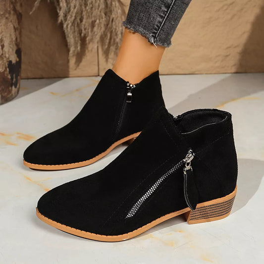 Point Toe Block Heels Boots - Black - View 2
