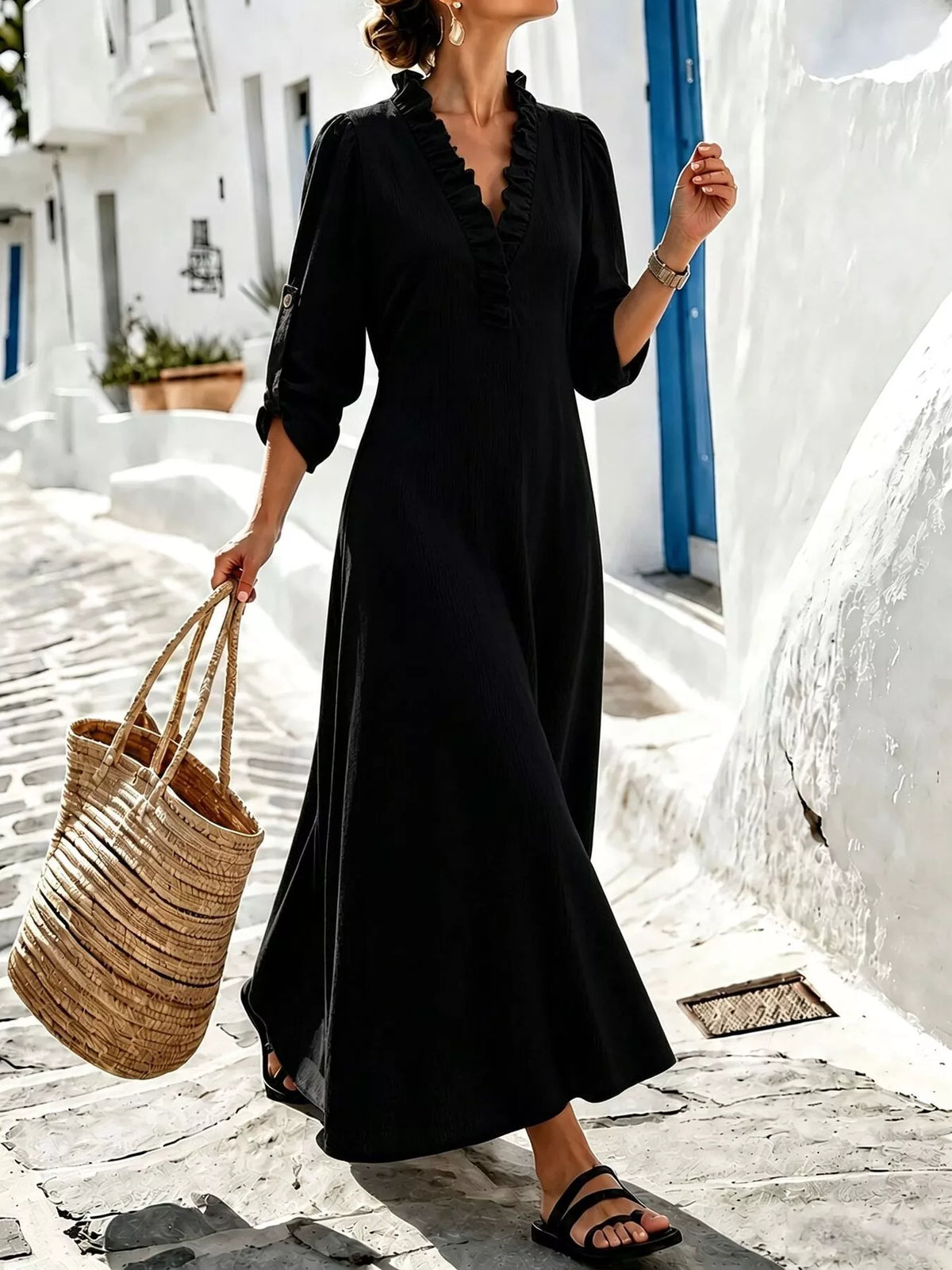 Full Size V-Neck Maxi Dress with Roll-Up Sleeves Plus Size - Black - View 3