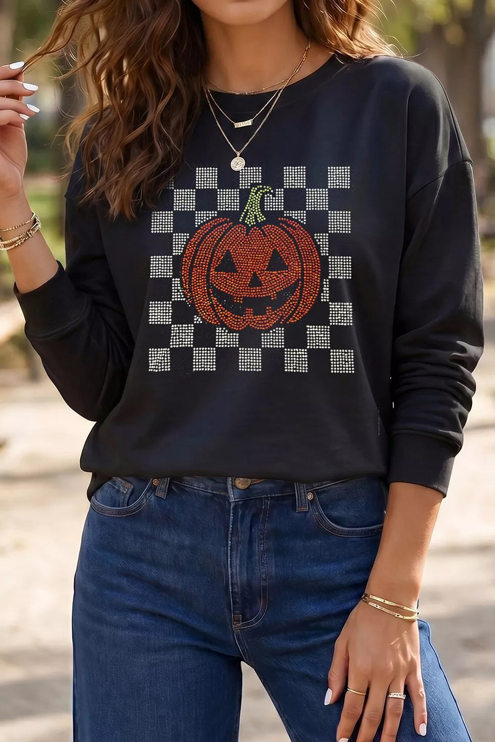Rhinestone Pumpkin Long Sleeve Sweatshirt - Black - View 1