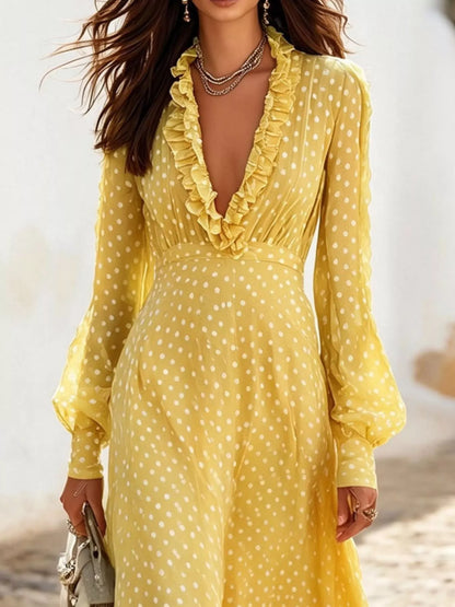 Full Size Polka Dot Ruffle V-Neck Maxi Dress Plus Size - Pastel Yellow - View 2