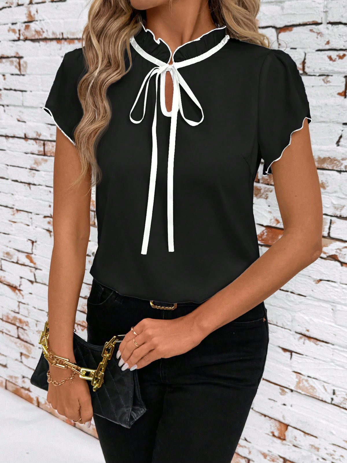 Tie Neck Short Sleeve Blouse - Black - View 16