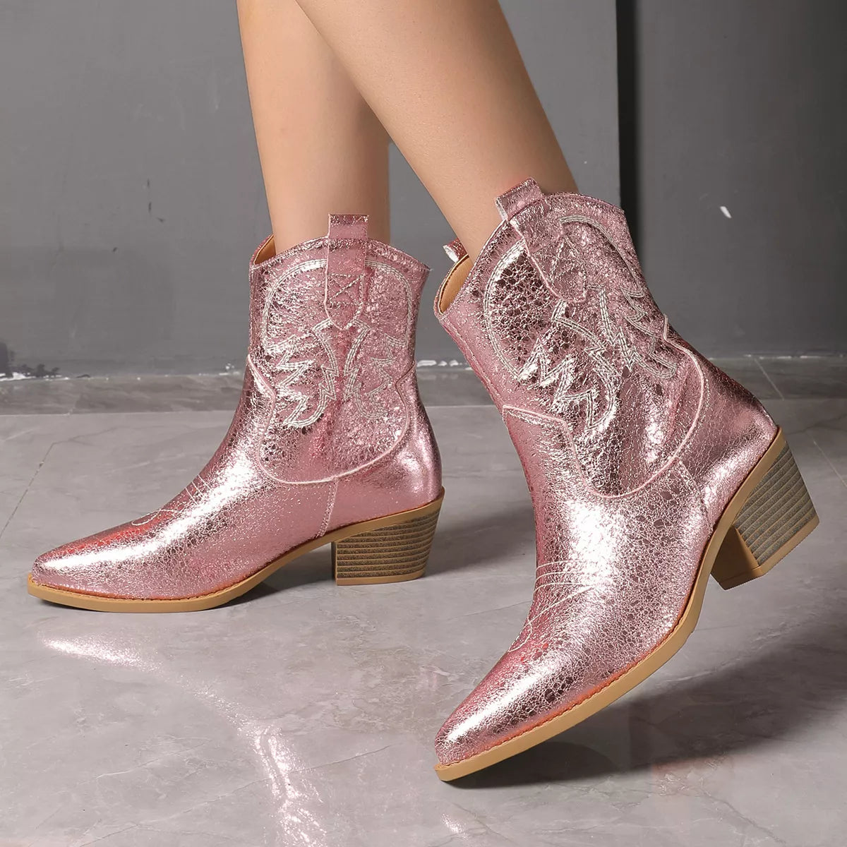 Point Toe Block Heels Boots - Pink - View 3