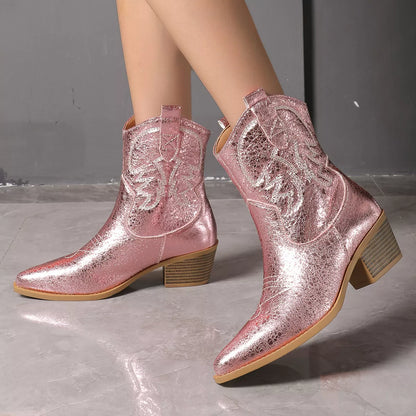 Point Toe Block Heels Boots - Pink - View 3