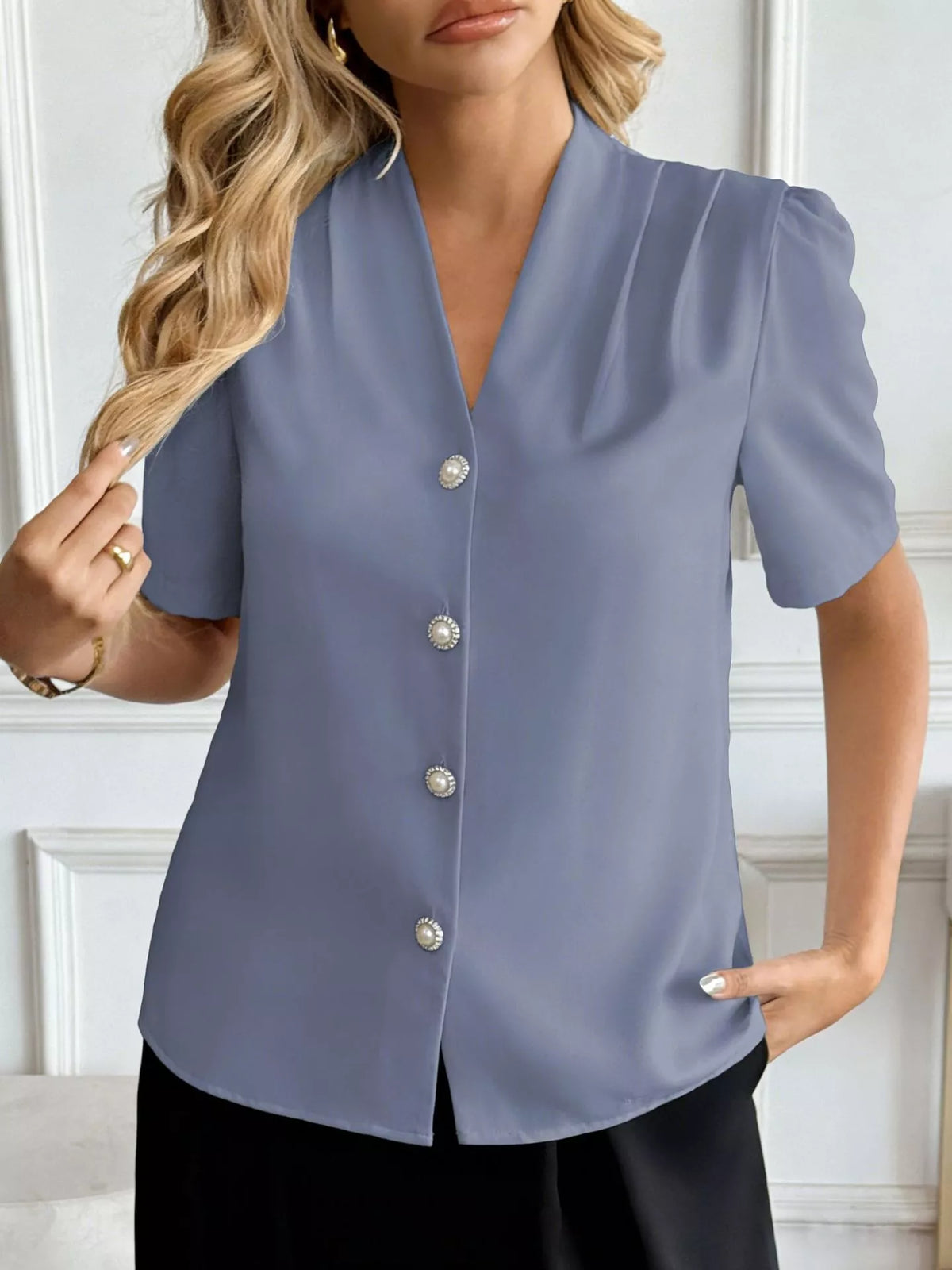 V-Neck Button-Down Shirt - Blue - View 10
