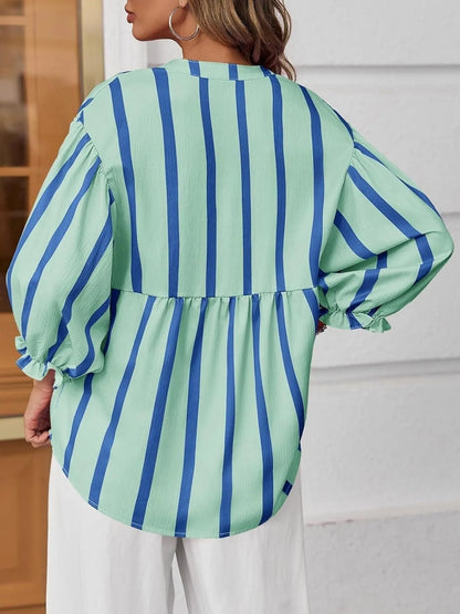 Striped Button Front Notched Blouse - Light Green - View 4