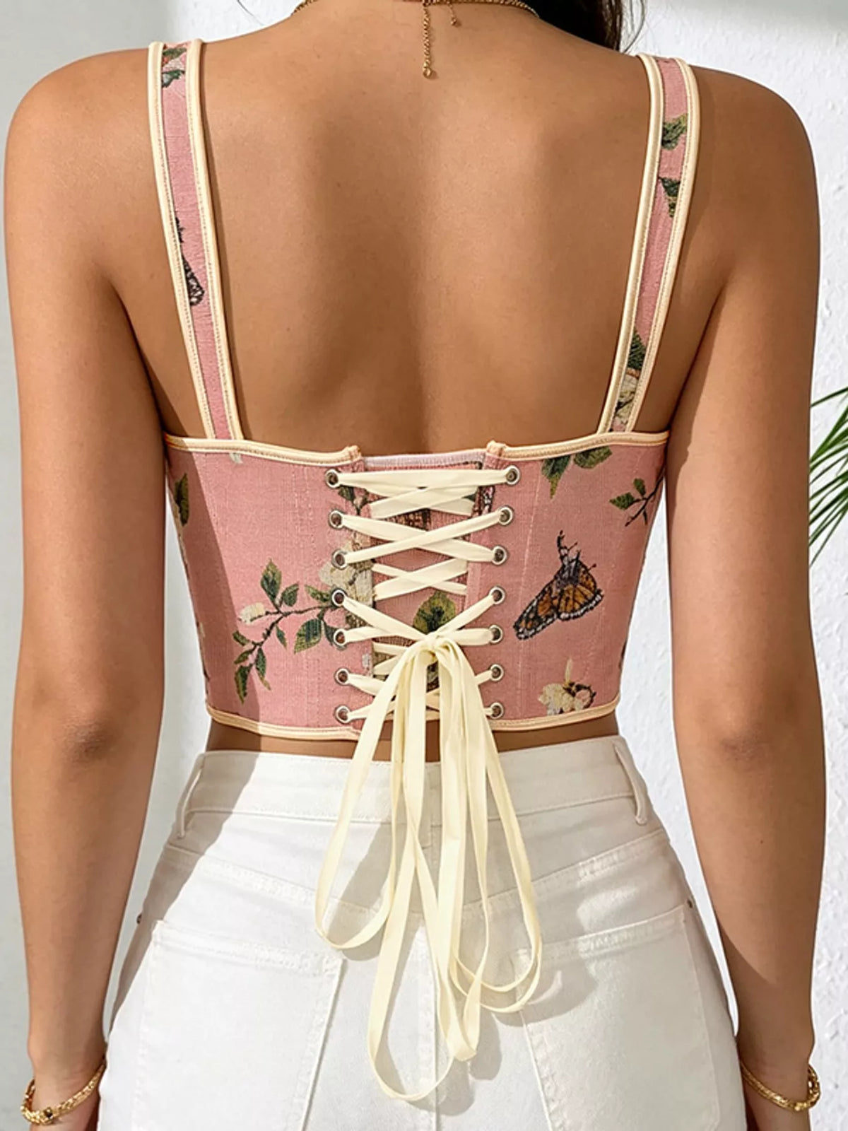 Floral Lace Up Back Tank - Pink - View 19