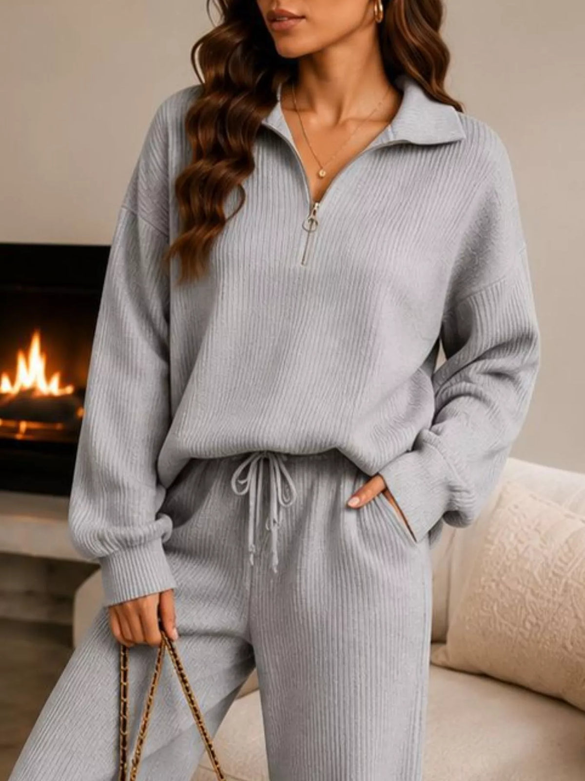 Ribbed Knit Quarter-Zip Top and Wide-Leg Pants Set - Light Gray - View 2