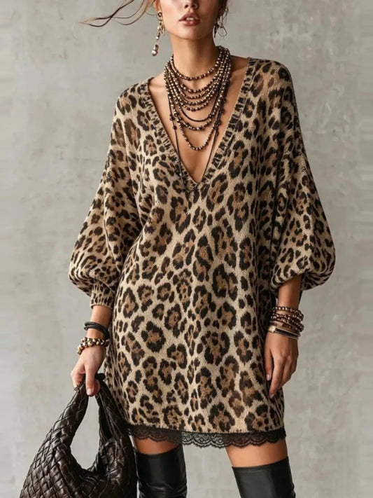 Leopard Print V-Neck Dress with Lace Hem - Leopard - View 1