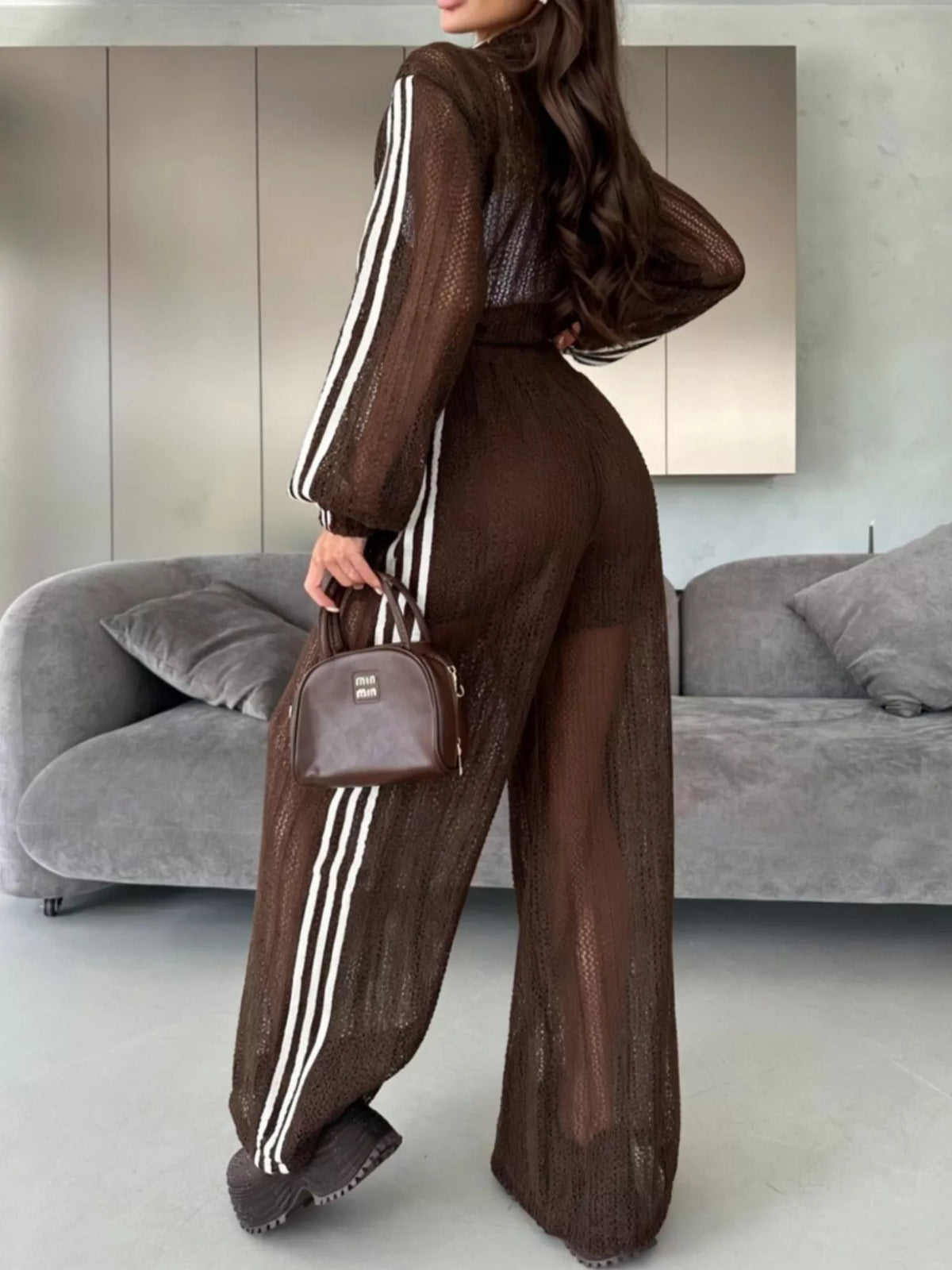 Side Stripes Zip Up Top and Pants Set - Brown - View 2