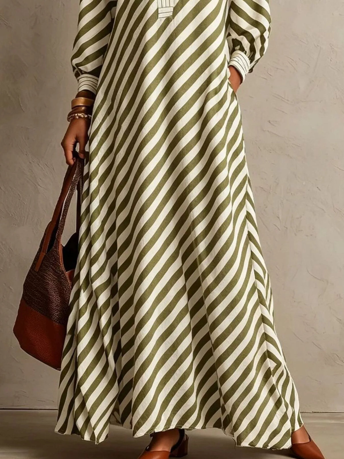 Striped Long Sleeves Maxi Dress - Sage - View 3