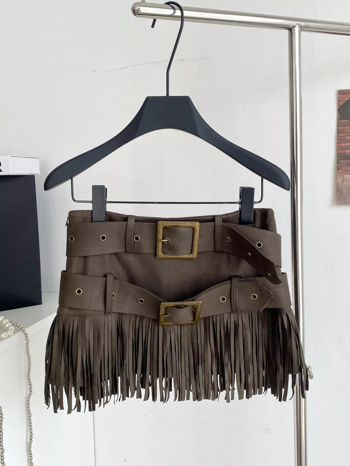 Fringe Belted Mini Skirt - Army Green - View 8
