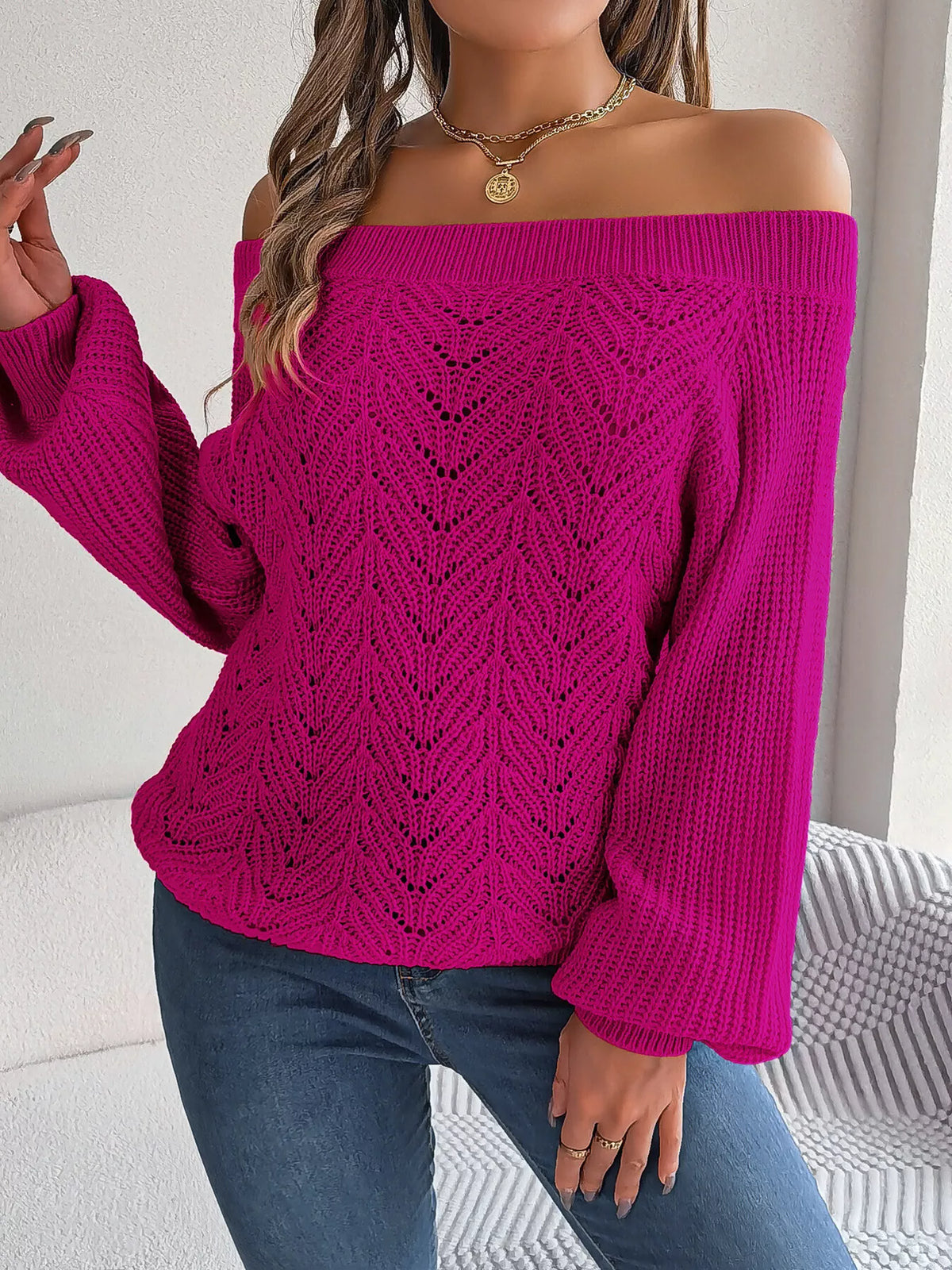 Openwork Off-Shoulder Sweater - Deep Rose - View 4