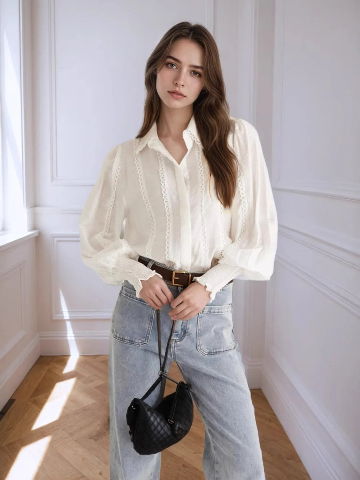 Collared Neck Lantern Sleeve Shirt - White - View 2