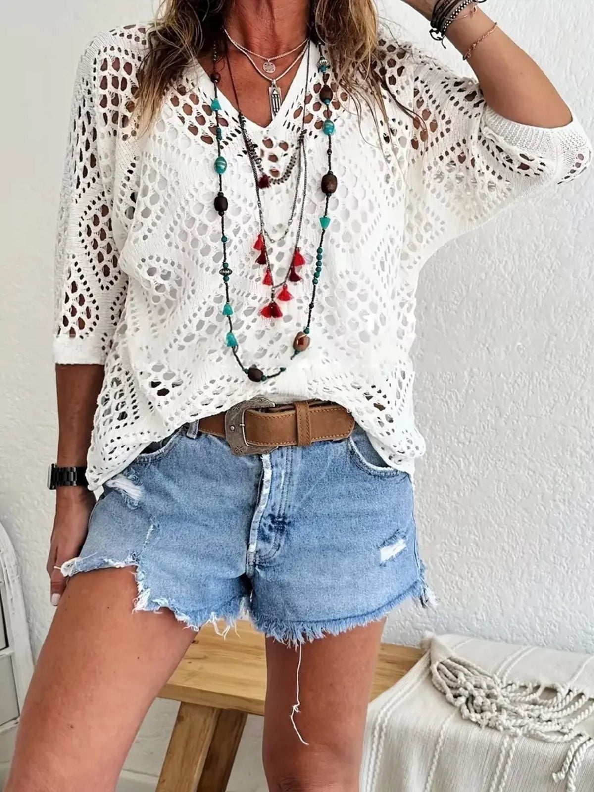 Full Size Hollow Out Crochet Knit Cover Up Plus Size - White - View 1