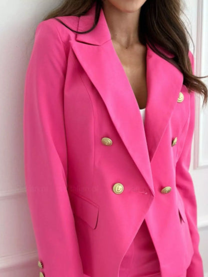 Double-Breasted Long Sleeve Blazer - Hot Pink - View 3