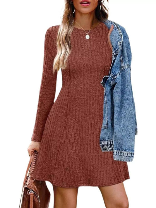 Ribbed Knit Long Sleeve Slim Fit Dress - Caramel - View 2