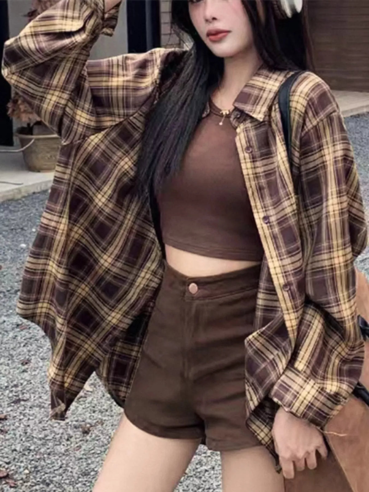 Casual Loose Fit Plaid Shirt - Brown-Plaid - View 7