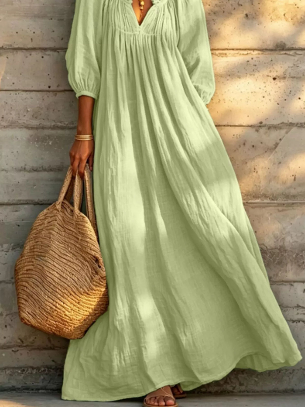 Tiered Notched 3/4 Sleeve Maxi Dress - Light Green - View 3