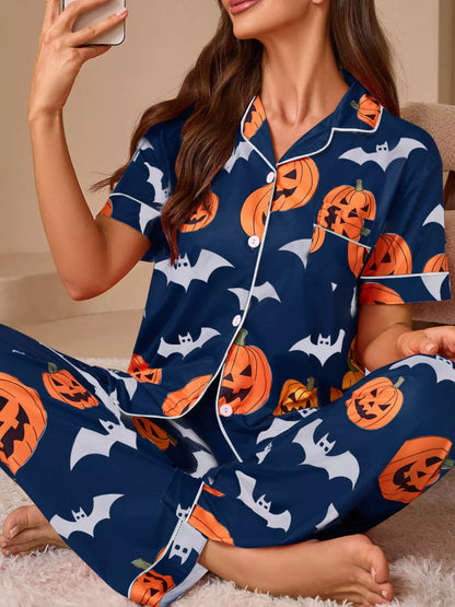 Halloween Pumpkin and Bat Print Button-Down Top and Pants Lounge Set - Navy Blue - View 1