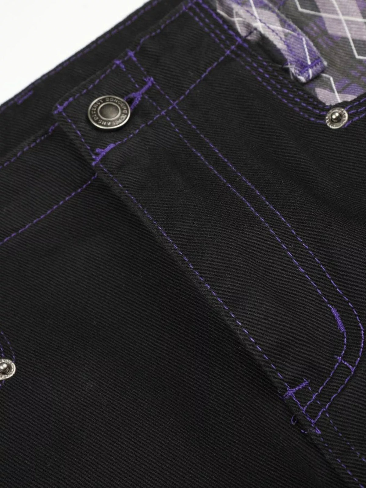 Men's High-Waisted Wide-Leg Jeans with Argyle Pattern Accents - Black - View 5
