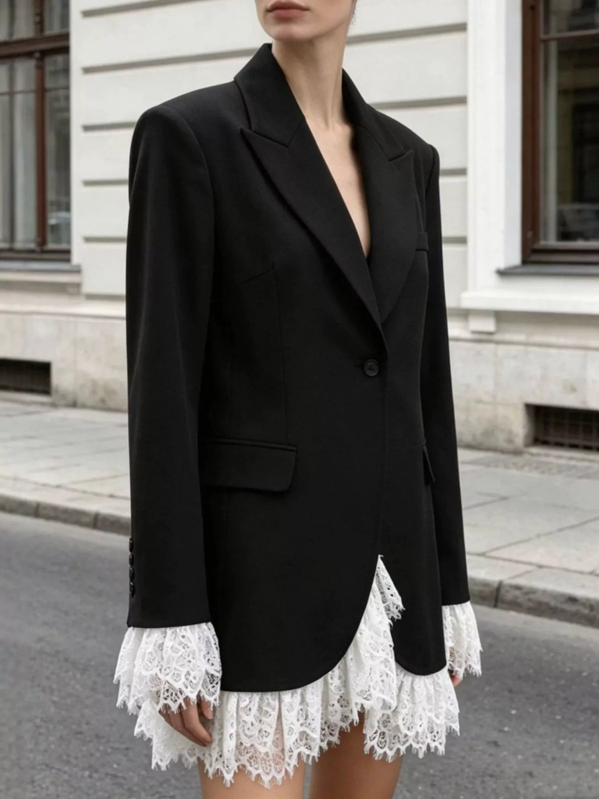 Lace Hem One Button Blazer - Black - View 4