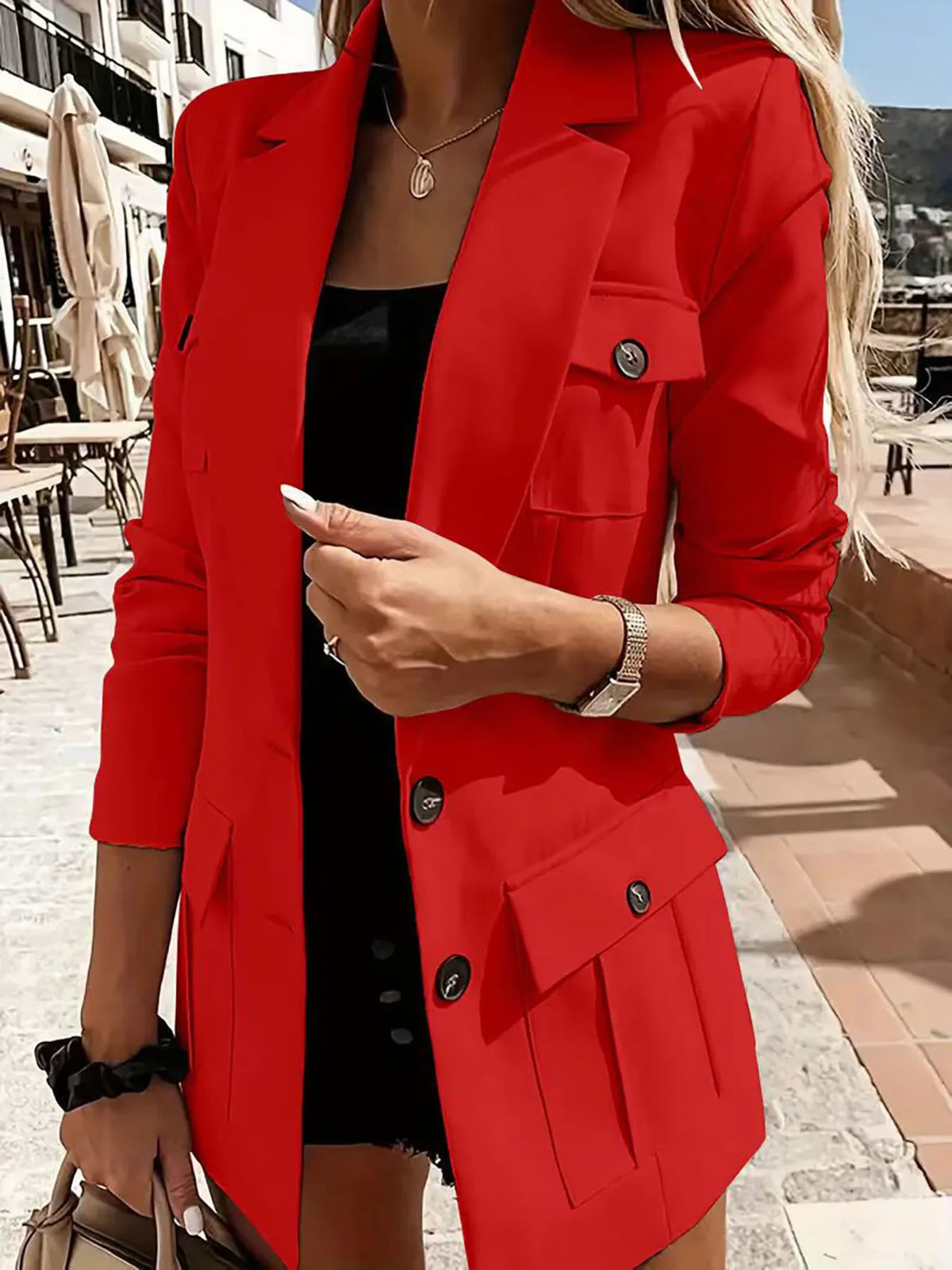Lapel Collar Long Sleeve Blazer - Red - View 1