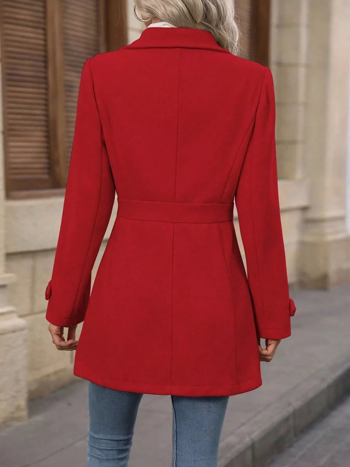 Single-Breasted Long Sleeve Coat - Red - View 5