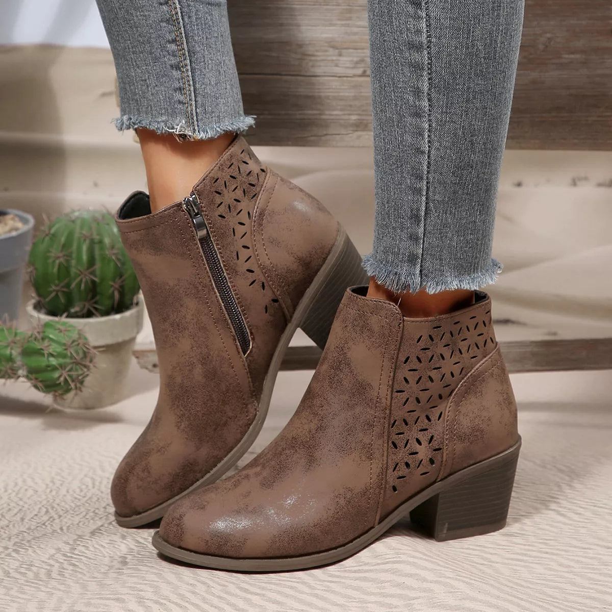 Point Toe Block Heels Boots - Brown - View 4