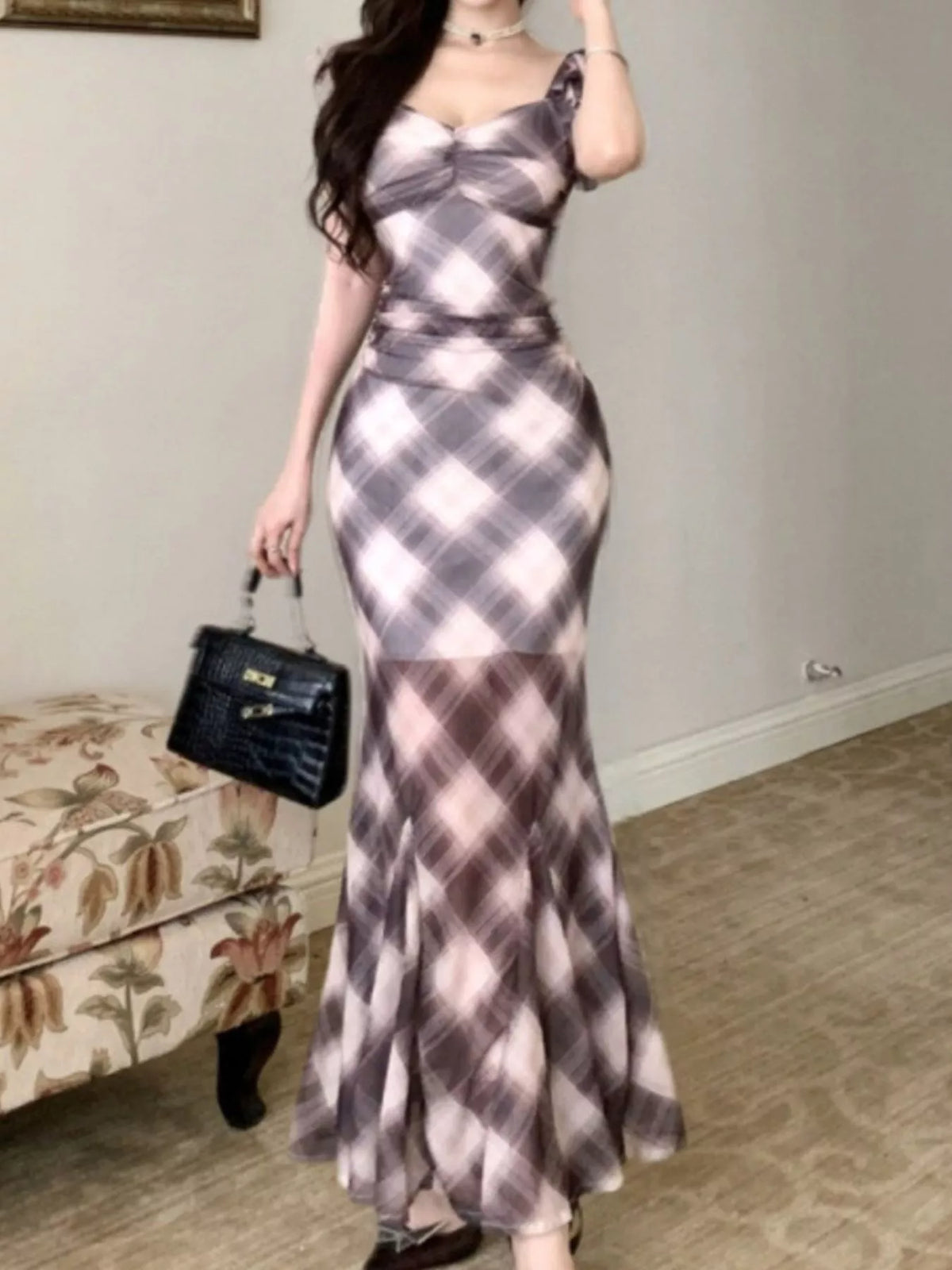Plaid Ruffle Cap Sleeve Bodycon Maxi Dress - Brown - View 8