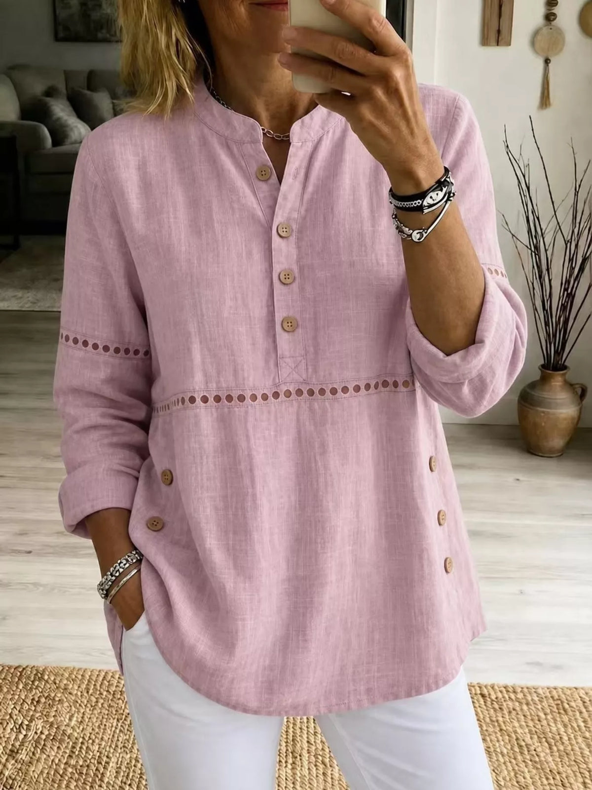 Full Size Button Detail Eyelet Long Sleeve Blouse Plus Size - Pink - View 1