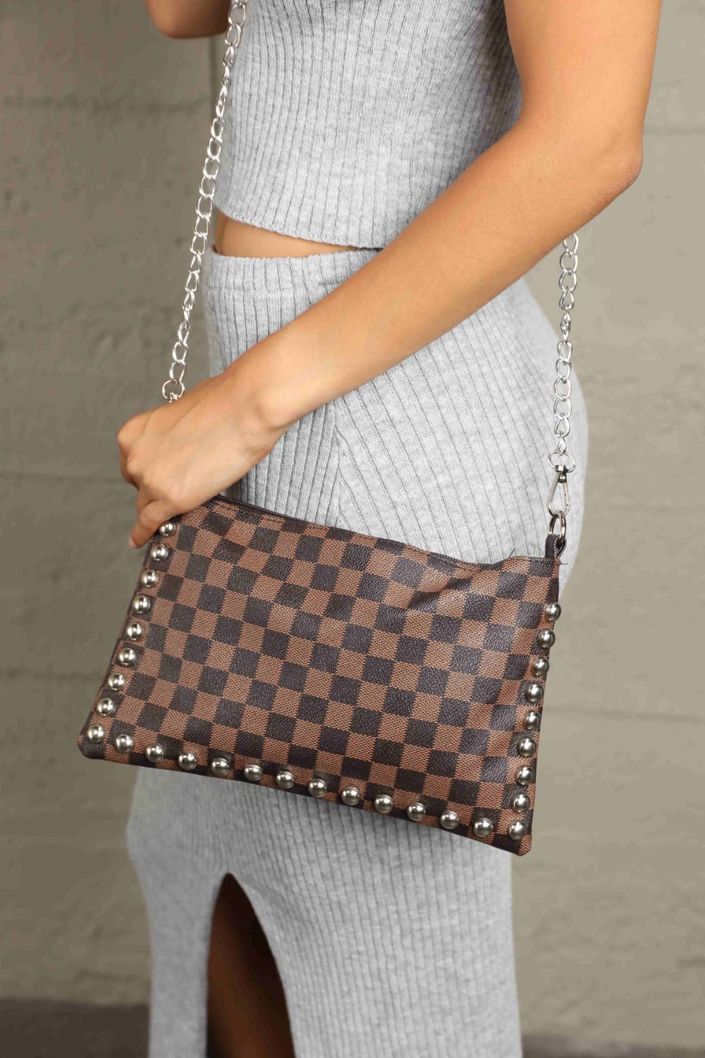 Adored PU Leather Studded Shoulder Bag - Brown - View 1