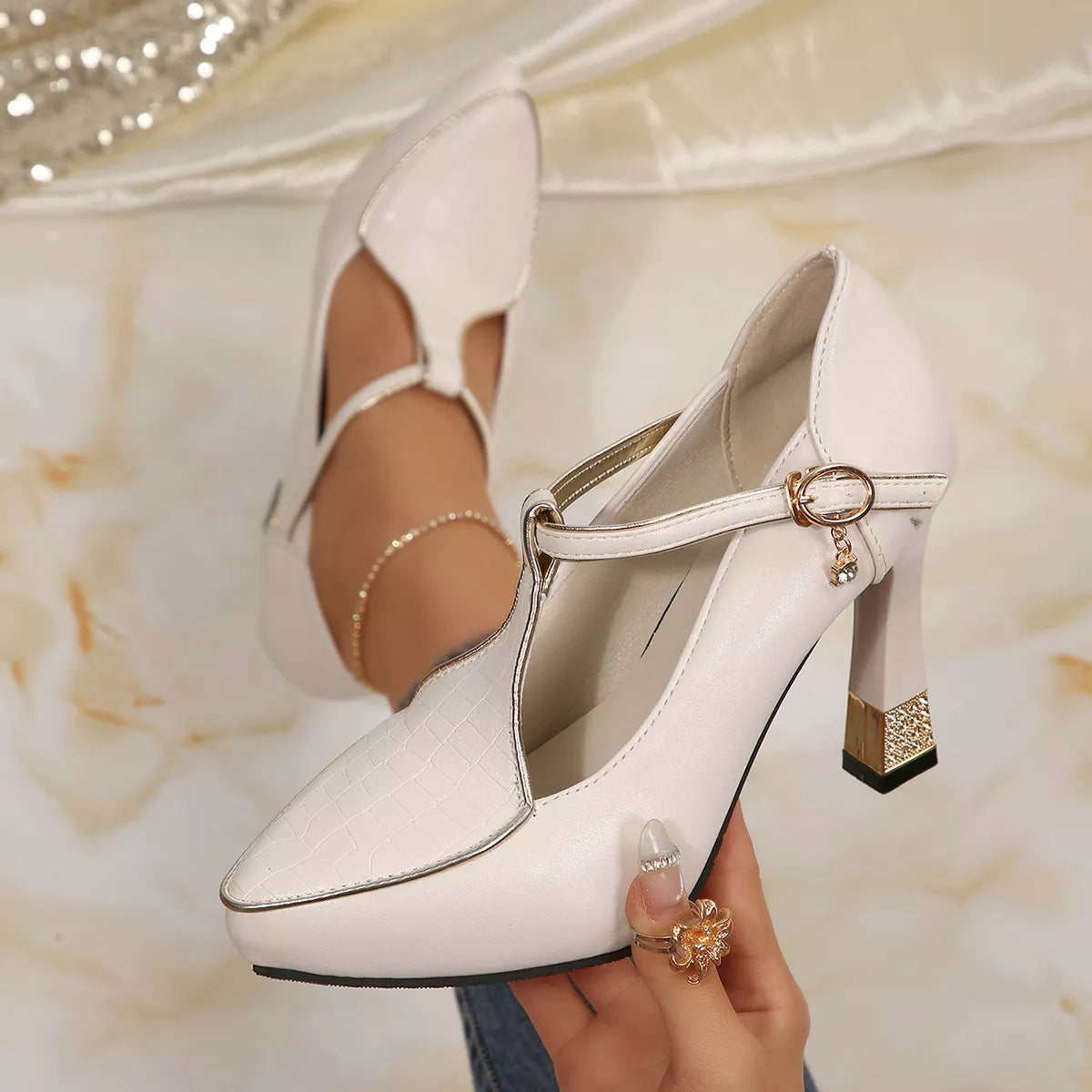 Point Toe Flare Heels Pumps - Beige - View 7