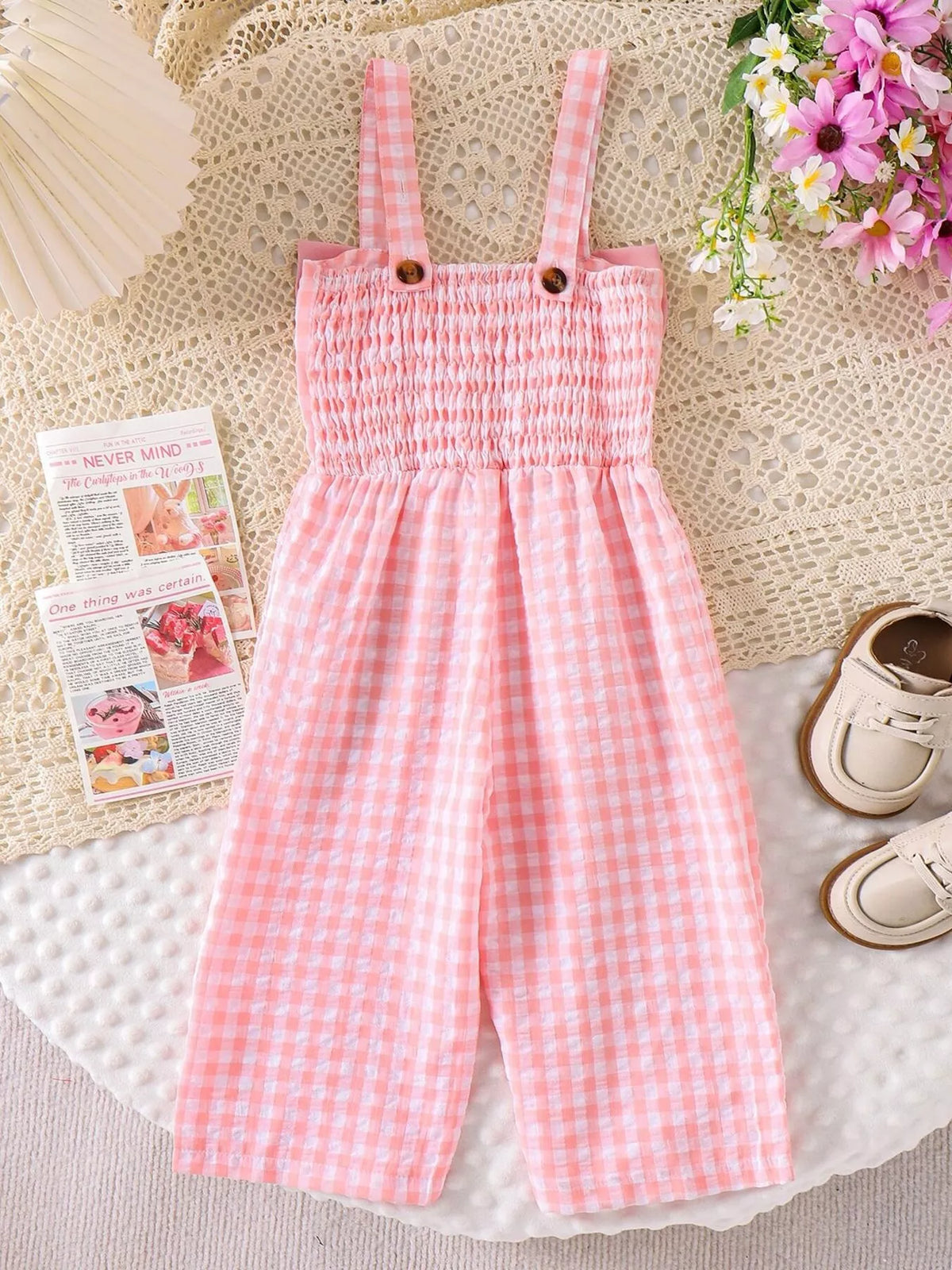 Children's Bow Plaid Wide Strap Jumpsuit - Pink - View 6
