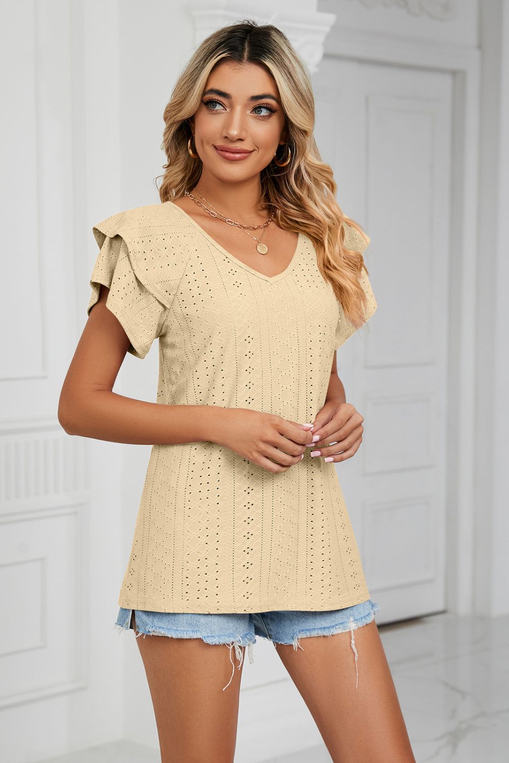 Eyelet Layered Flutter Sleeve V-Neck Knit Top - Light Yellow - View 11