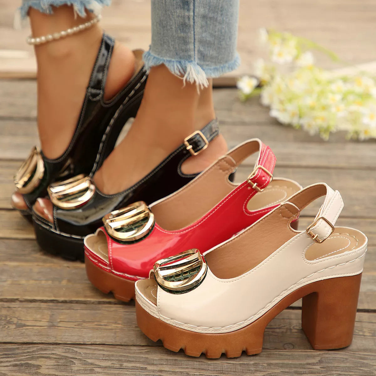 Peep Toe Block Heels Sandals - Color comparison - View 1